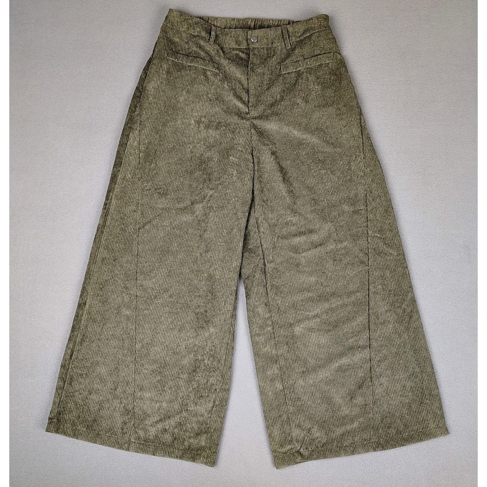 SUPER BAGGY Wide Leg Corduroy Pants XL 32/34 Olive Green Stretch Curvy Fit 29"
